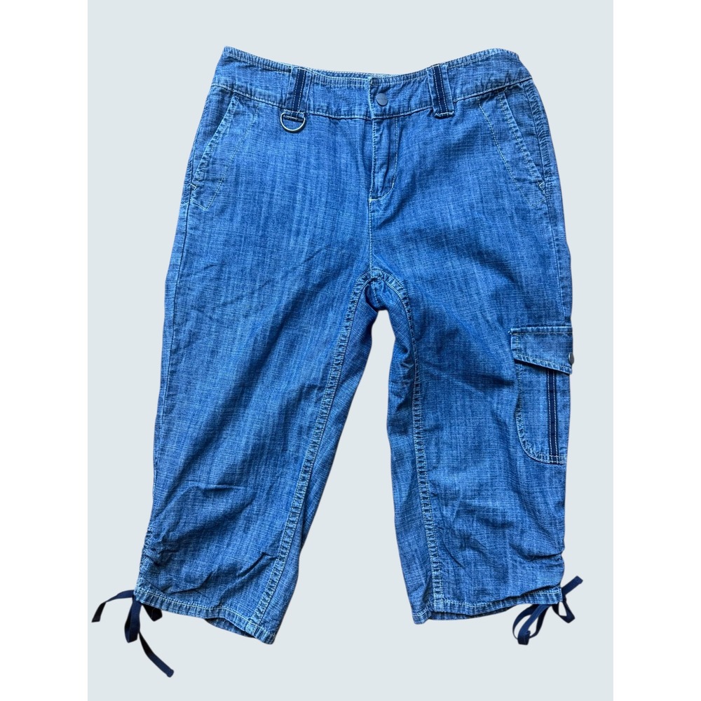 Coldwater Creek Blue Denim Cargo Capri Pants Petite 6 Crosshatch Utility Cropped